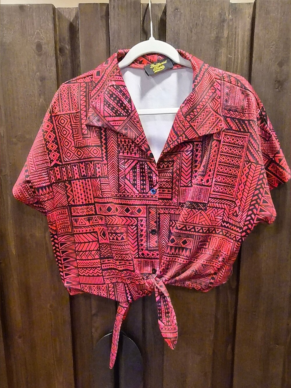 Boulevard Nights Red and Black Geometric Tie-Front Button Down Shirt